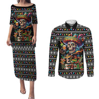 Mexican Sugar Skull Spanish Christmas Couples Matching Puletasi and Long Sleeve Button Shirt Feliz Navidad Mexico - Wonder Print Shop
