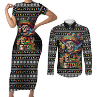 Mexican Sugar Skull Spanish Christmas Couples Matching Short Sleeve Bodycon Dress and Long Sleeve Button Shirt Feliz Navidad Mexico - Wonder Print Shop