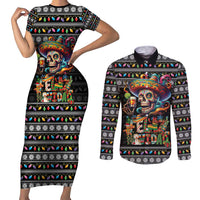 Mexican Sugar Skull Spanish Christmas Couples Matching Short Sleeve Bodycon Dress and Long Sleeve Button Shirt Feliz Navidad Mexico - Wonder Print Shop