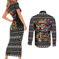 Mexican Sugar Skull Spanish Christmas Couples Matching Short Sleeve Bodycon Dress and Long Sleeve Button Shirt Feliz Navidad Mexico - Wonder Print Shop