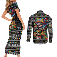 Mexican Sugar Skull Spanish Christmas Couples Matching Short Sleeve Bodycon Dress and Long Sleeve Button Shirt Feliz Navidad Mexico - Wonder Print Shop