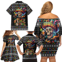 Mexican Sugar Skull Spanish Christmas Family Matching Off Shoulder Short Dress and Hawaiian Shirt Feliz Navidad Mexico - Wonder Print Shop