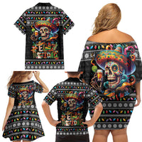 Mexican Sugar Skull Spanish Christmas Family Matching Off Shoulder Short Dress and Hawaiian Shirt Feliz Navidad Mexico - Wonder Print Shop