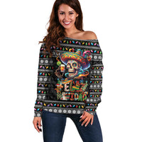 Mexican Sugar Skull Spanish Christmas Off Shoulder Sweater Feliz Navidad Mexico - Wonder Print Shop