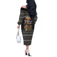 Mexican Sugar Skull Spanish Christmas Off The Shoulder Long Sleeve Dress Feliz Navidad Mexico - Wonder Print Shop