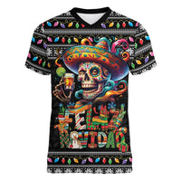 Mexican Sugar Skull Spanish Christmas Women V-Neck T-Shirt Feliz Navidad Mexico - Wonder Print Shop