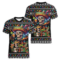 Mexican Sugar Skull Spanish Christmas Women V-Neck T-Shirt Feliz Navidad Mexico - Wonder Print Shop
