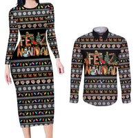 Mexican Sumbrero and Snowman Christmas Couples Matching Long Sleeve Bodycon Dress and Long Sleeve Button Shirt Feliz Navidad Mexico - Wonder Print Shop