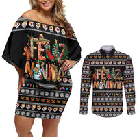 Mexican Sumbrero and Snowman Christmas Couples Matching Off Shoulder Short Dress and Long Sleeve Button Shirt Feliz Navidad Mexico - Wonder Print Shop