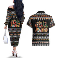 Mexican Sumbrero and Snowman Christmas Couples Matching Off The Shoulder Long Sleeve Dress and Hawaiian Shirt Feliz Navidad Mexico - Wonder Print Shop