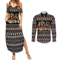 Mexican Sumbrero and Snowman Christmas Couples Matching Summer Maxi Dress and Long Sleeve Button Shirt Feliz Navidad Mexico - Wonder Print Shop