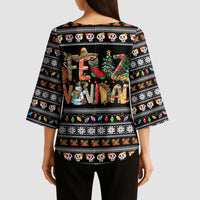 Mexican Sumbrero and Snowman Christmas Kimono Sleeve Blouse Feliz Navidad Mexico - Wonder Print Shop