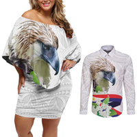 Philippines Eagle and Sampaguita Flowers Couples Matching Off Shoulder Short Dress and Long Sleeve Button Shirt Polynesian Pattern LT9 - Wonder Print Shop