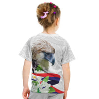 Philippines Eagle and Sampaguita Flowers Kid T Shirt Polynesian Pattern - Wonder Print Shop
