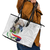 Philippines Eagle and Sampaguita Flowers Leather Tote Bag Polynesian Pattern - Wonder Print Shop