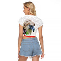 Philippines Eagle and Sampaguita Flowers Raglan Cropped T Shirt Polynesian Pattern - Wonder Print Shop