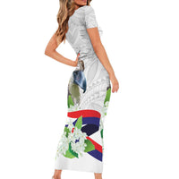 Philippines Eagle and Sampaguita Flowers Short Sleeve Bodycon Dress Polynesian Pattern - Wonder Print Shop