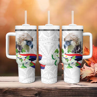 Philippines Eagle and Sampaguita Flowers Tumbler With Handle Polynesian Pattern - Wonder Print Shop