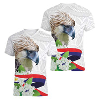 Philippines Eagle and Sampaguita Flowers Women V-Neck T-Shirt Polynesian Pattern - Wonder Print Shop