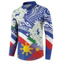 Philippines Flag Button Sweatshirt Sampaguita Jasmine with Polynesian Tribal LT9 - Wonder Print Shop