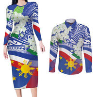 Philippines Flag Couples Matching Long Sleeve Bodycon Dress and Long Sleeve Button Shirt Sampaguita Jasmine with Polynesian Tribal LT9 - Wonder Print Shop