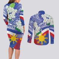 Philippines Flag Couples Matching Long Sleeve Bodycon Dress and Long Sleeve Button Shirt Sampaguita Jasmine with Polynesian Tribal LT9 - Wonder Print Shop