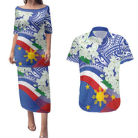 Philippines Flag Couples Matching Puletasi and Hawaiian Shirt Sampaguita Jasmine with Polynesian Tribal LT9 - Wonder Print Shop