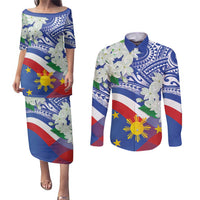 Philippines Flag Couples Matching Puletasi and Long Sleeve Button Shirt Sampaguita Jasmine with Polynesian Tribal LT9 - Wonder Print Shop