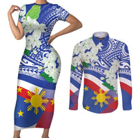 Philippines Flag Couples Matching Short Sleeve Bodycon Dress and Long Sleeve Button Shirt Sampaguita Jasmine with Polynesian Tribal LT9 - Wonder Print Shop