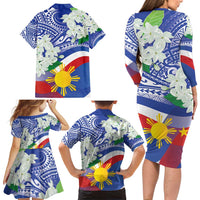 Philippines Flag Family Matching Long Sleeve Bodycon Dress and Hawaiian Shirt Sampaguita Jasmine with Polynesian Tribal LT9 - Wonder Print Shop