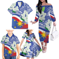 Philippines Flag Family Matching Off The Shoulder Long Sleeve Dress and Hawaiian Shirt Sampaguita Jasmine with Polynesian Tribal - Wonder Print Shop
