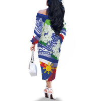 Philippines Flag Family Matching Off The Shoulder Long Sleeve Dress and Hawaiian Shirt Sampaguita Jasmine with Polynesian Tribal - Wonder Print Shop
