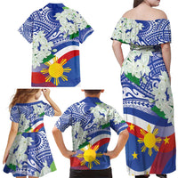 Philippines Flag Family Matching Off Shoulder Maxi Dress and Hawaiian Shirt Sampaguita Jasmine with Polynesian Tribal LT9 - Wonder Print Shop