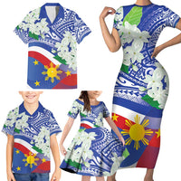 Philippines Flag Family Matching Short Sleeve Bodycon Dress and Hawaiian Shirt Sampaguita Jasmine with Polynesian Tribal - Wonder Print Shop