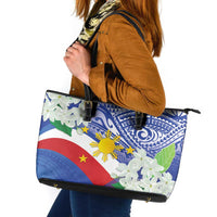 Philippines Flag Leather Tote Bag Sampaguita Jasmine with Polynesian Tribal - Wonder Print Shop