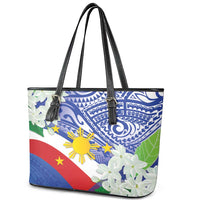 Philippines Flag Leather Tote Bag Sampaguita Jasmine with Polynesian Tribal - Wonder Print Shop