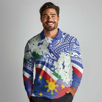 Philippines Flag Long Sleeve Polo Shirt Sampaguita Jasmine with Polynesian Tribal - Wonder Print Shop