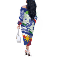 Philippines Flag Off The Shoulder Long Sleeve Dress Sampaguita Jasmine with Polynesian Tribal - Wonder Print Shop