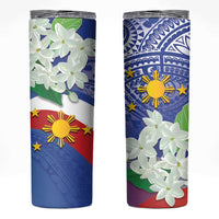 Philippines Flag Skinny Tumbler Sampaguita Jasmine with Polynesian Tribal - Wonder Print Shop