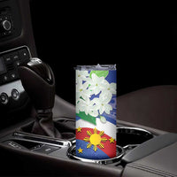 Philippines Flag Skinny Tumbler Sampaguita Jasmine with Polynesian Tribal - Wonder Print Shop