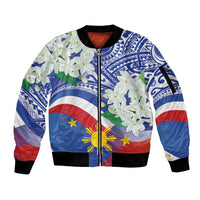 Philippines Flag Sleeve Zip Bomber Jacket Sampaguita Jasmine with Polynesian Tribal - Wonder Print Shop