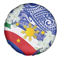 Philippines Flag Spare Tire Cover Sampaguita Jasmine with Polynesian Tribal - Wonder Print Shop
