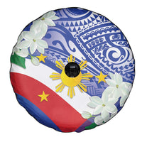 Philippines Flag Spare Tire Cover Sampaguita Jasmine with Polynesian Tribal - Wonder Print Shop