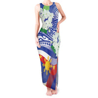 Philippines Flag Tank Maxi Dress Sampaguita Jasmine with Polynesian Tribal - Wonder Print Shop