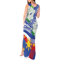 Philippines Flag Tank Maxi Dress Sampaguita Jasmine with Polynesian Tribal - Wonder Print Shop