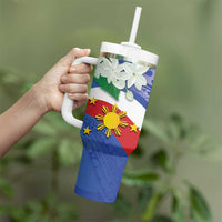 Philippines Flag Tumbler With Handle Sampaguita Jasmine with Polynesian Tribal - Wonder Print Shop