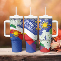 Philippines Flag Tumbler With Handle Sampaguita Jasmine with Polynesian Tribal - Wonder Print Shop