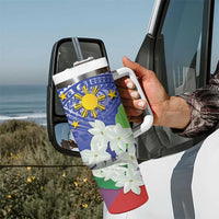Philippines Flag Tumbler With Handle Sampaguita Jasmine with Polynesian Tribal - Wonder Print Shop