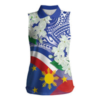 Philippines Flag Women Sleeveless Polo Shirt Sampaguita Jasmine with Polynesian Tribal - Wonder Print Shop