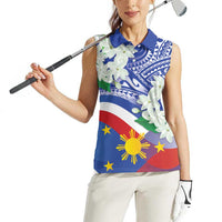 Philippines Flag Women Sleeveless Polo Shirt Sampaguita Jasmine with Polynesian Tribal - Wonder Print Shop